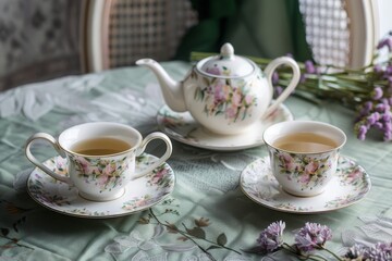 Fototapeta premium A floral tea set with teapot and two cups on a table.
