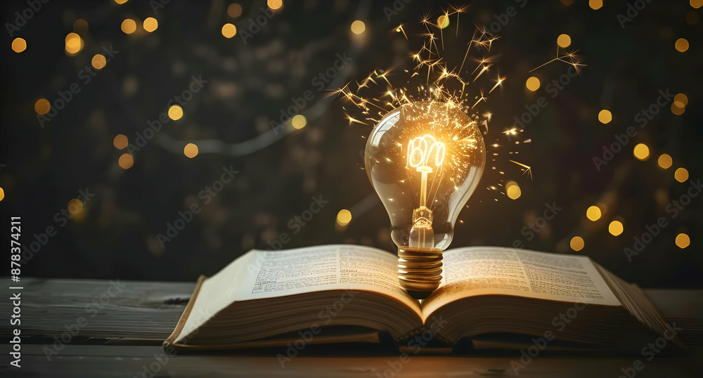Poster a glowing light bulb illuminating an open book, symbolizing knowledge and creativity with a backdrop