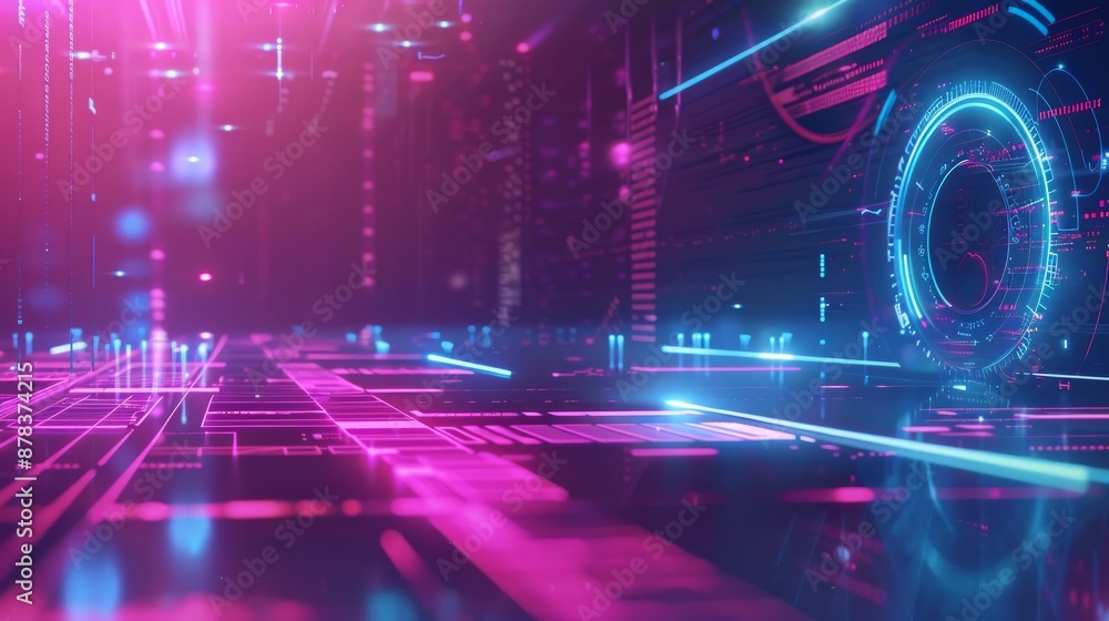 Poster a futuristic cityscape with neon lights and glowing lines, creating a vibrant and abstract backgroun