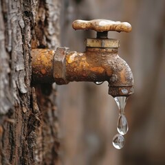 Close-up of an old rusty faucet attached to a tree, dripping water droplets, showcasing nature and decay.