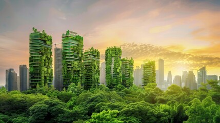 A futuristic cityscape with skyscrapers overgrown with lush vegetation, representing a sustainable and harmonious future for humanity and nature.