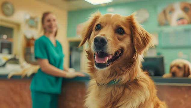 A happy Golden Retriever dog visiting a veterinary clinic, being checked by a vet assistant in a clean, modern facility.