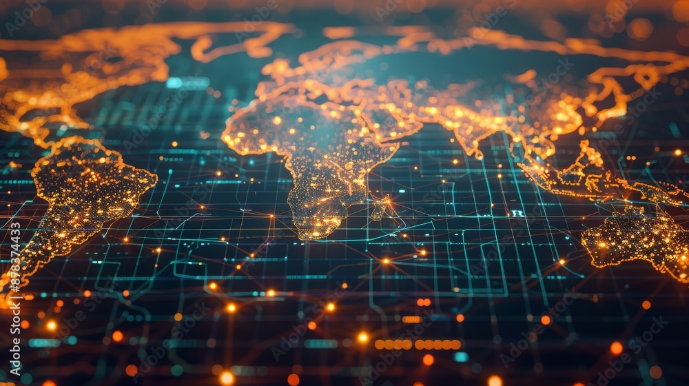 Poster a futuristic digital map of the world with glowing lines and points of light, representing global co