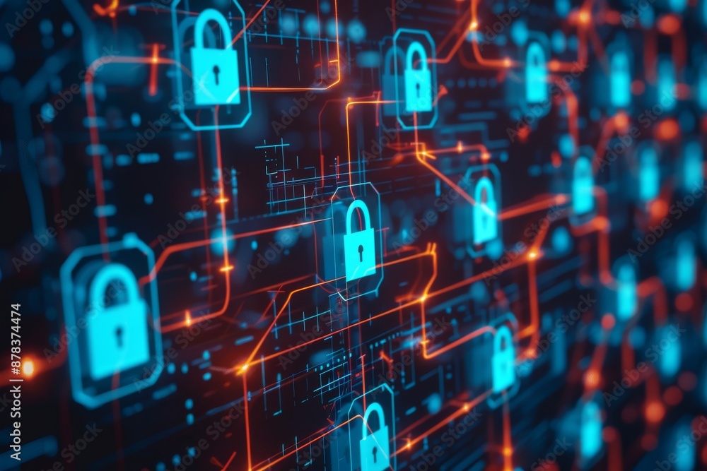 Aufkleber a futuristic digital network of blue padlock icons connected by glowing red lines. represents cybers