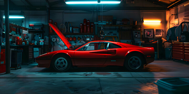 A stunning red sports car in a dimly lit garage offers a sleek, classic design, perfect for car enthusiasts and collectors.