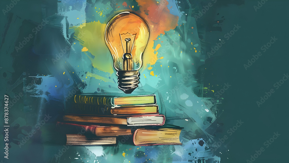 Poster an artistic representation of ideas and knowledge, featuring glowing light bulb with stacked books, 