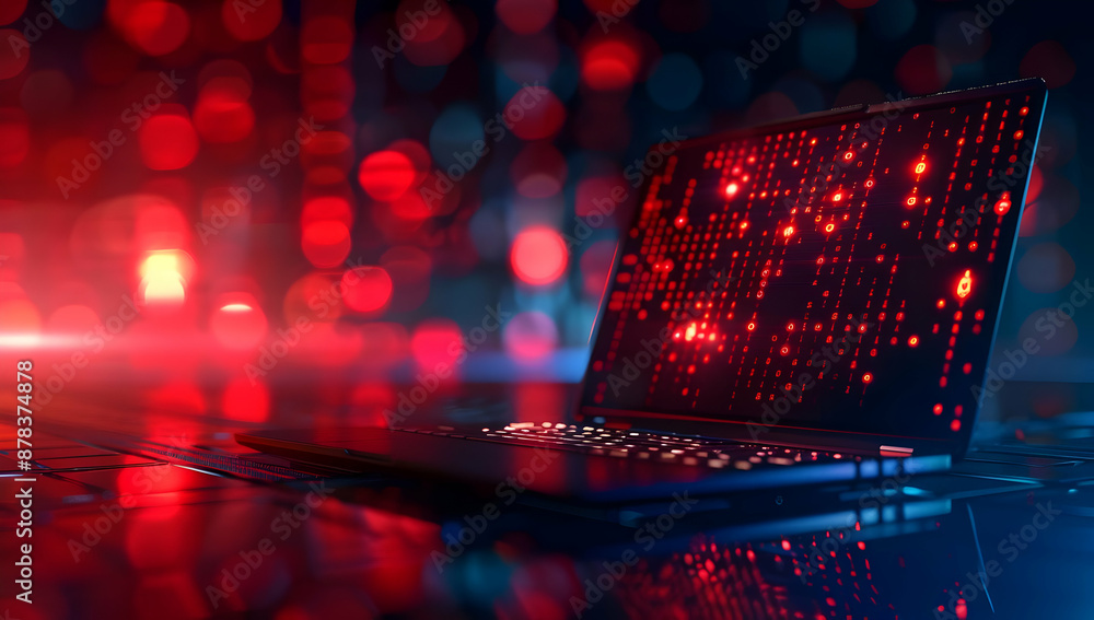 Poster close-up of a laptop with red and blue bokeh lights in the background, suggesting cyber security or 