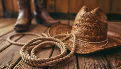 Close-up of a cowboy hat, lasso, and boots sitting on a wooden floor, representing western lifestyle and ranching culture.