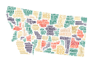Montana word cloud. State shape with county division. Montana typography style image. County names tag clouds. Vector illustration.