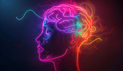 Colorful neon illustration of a human brain and head, symbolizing creativity, intelligence, and mental health on a dark background.