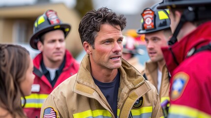 Obraz premium Firefighter explaining something to colleagues at work