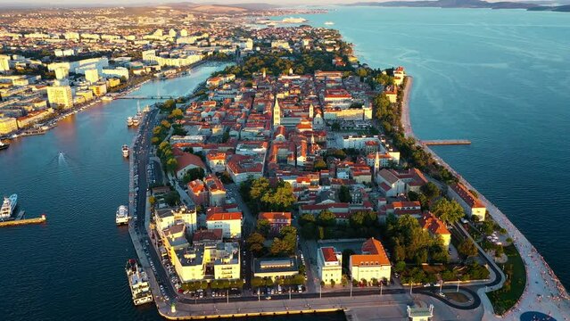 Aerial view of the Old Town of Zadar, Croatia. Aerial shot of Zadar old town, famous tourist attraction in Croatia. City of Zadar historic peninsula roman architecture aerial view, Croatia