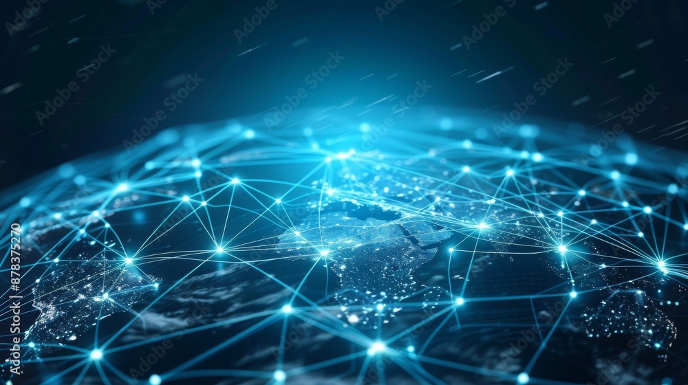 Poster a glowing blue earth with a network of lines and points representing global connection and communica