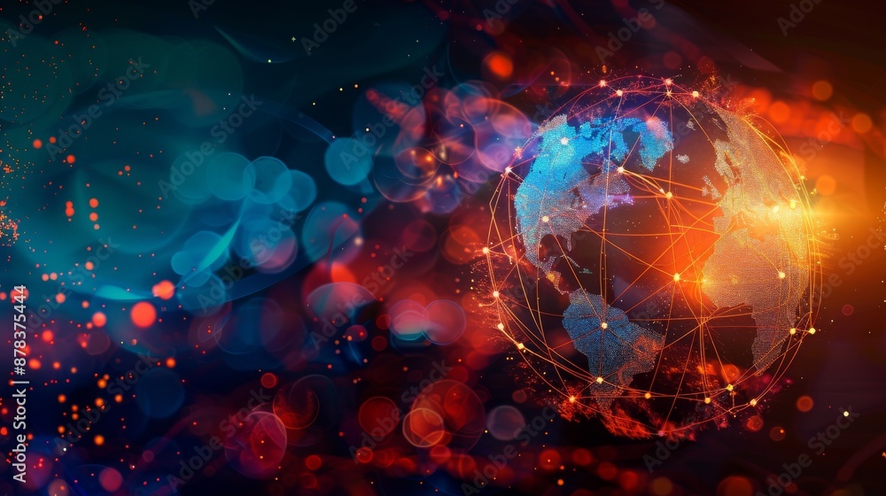 Poster a glowing globe surrounded by a vibrant network of connections against a dark background with bokeh 