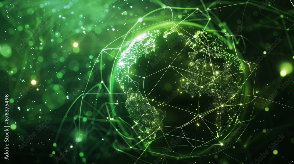 Poster a glowing green earth with a network of lines and dots, symbolizing global connection and digital te