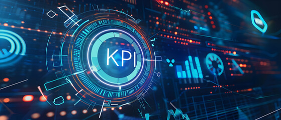Digital dashboard with KPI metrics and analytics. Blue futuristic interface showing key performance indicators for data analysis and business intelligence.