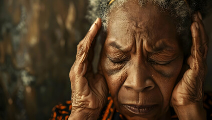 Fototapeta premium Elderly woman grappling with emotional stress, hands on head, eyes closed, in deep contemplation and weariness.