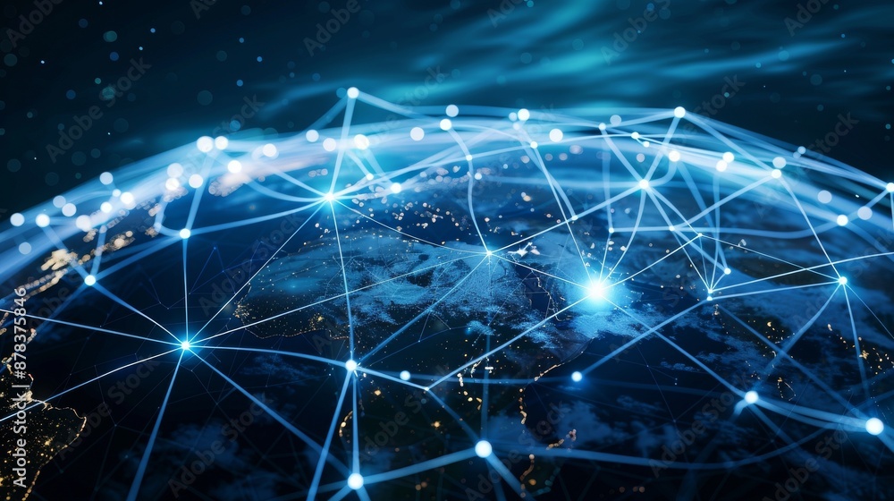 Poster a glowing network of lines and nodes connecting cities around the globe, symbolizing global communic