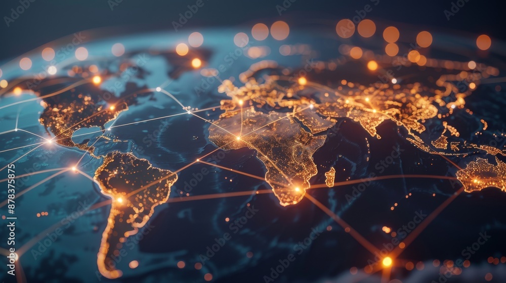 Poster a glowing network of lines connecting cities and continents on a 3d earth map. global communication 