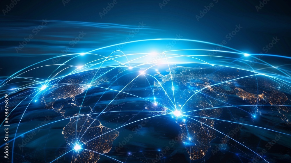 Poster a glowing network of lines connects cities around the world, representing global communication and i