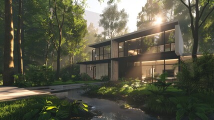 Fototapeta premium A minimalist modern house with clean lines and large windows, nestled in a serene forest setting with sunlight filtering through the trees