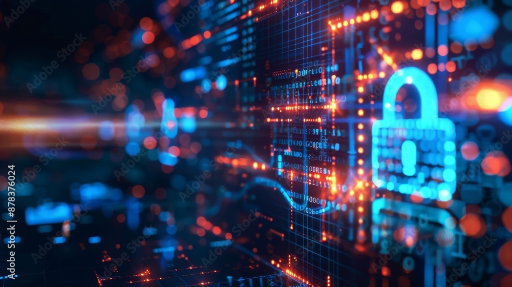 Poster a glowing padlock symbol on a digital circuit board, representing cybersecurity and data protection.