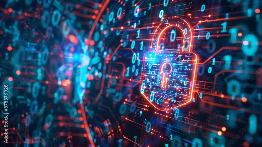 Aufkleber a glowing padlock surrounded by digital data, representing cybersecurity and data protection.