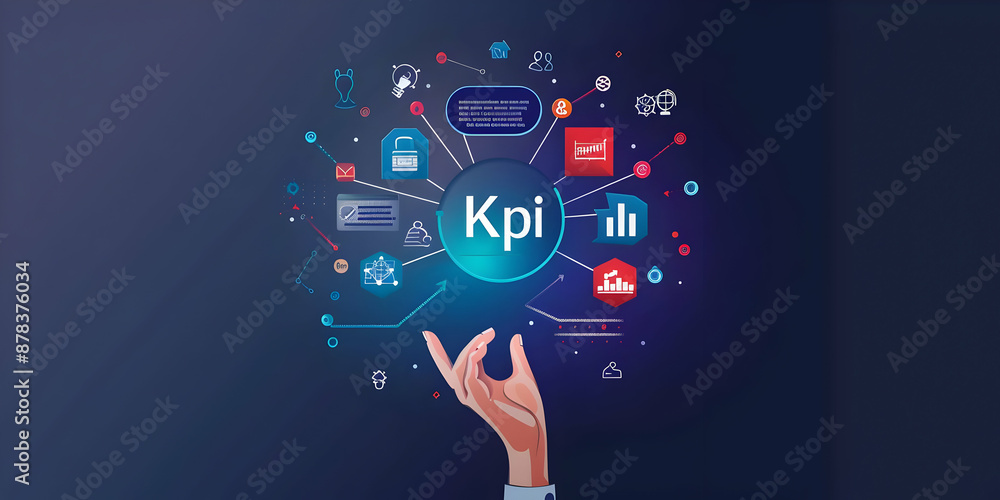 Poster hand pointing at kpi icons with graphs, charts, and data symbols, representing business performance 