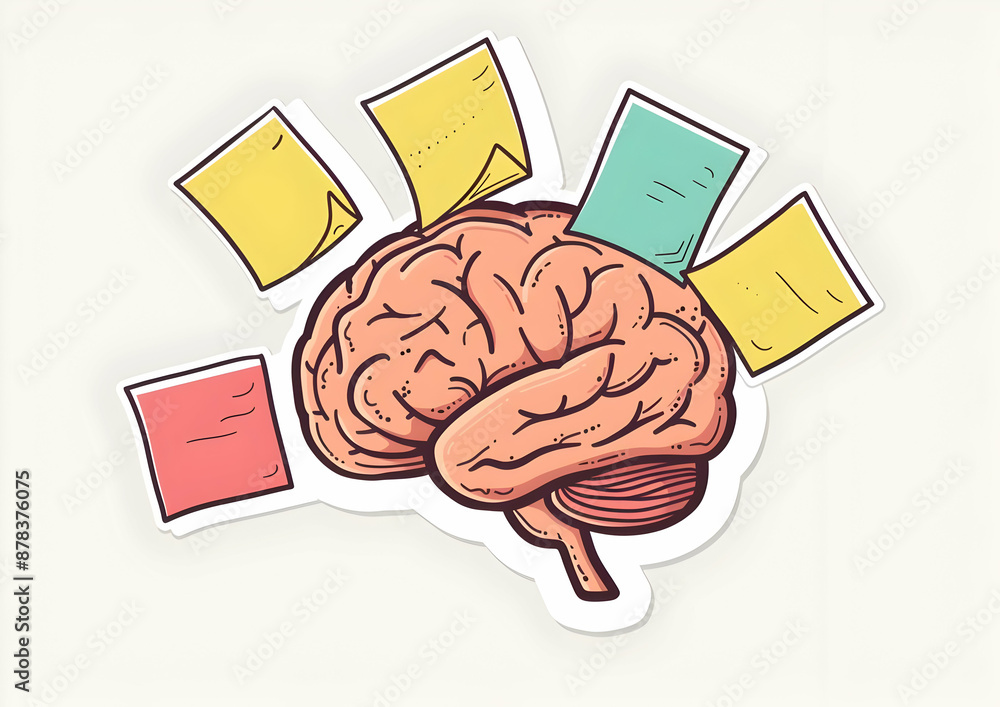 Poster illustration of a brain surrounded by sticky notes, symbolizing memory, ideas, and brain functions i
