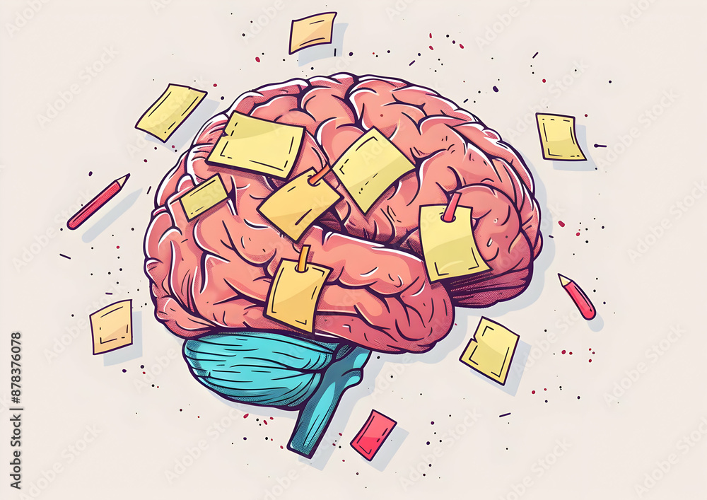 Poster illustration of a brain with notes and reminders attached, symbolizing memory, learning, and cogniti