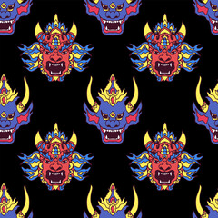 Seamless vector pattern with Asian style demon faces.Ornament in Thai style.