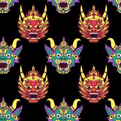 Asian style dragon and evil spirit mask. Thai folk seamless vector pattern.