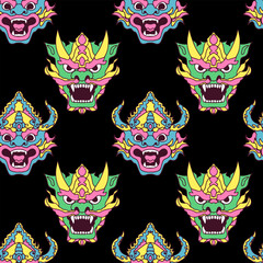Seamless vector pattern with Asian demon masks.
