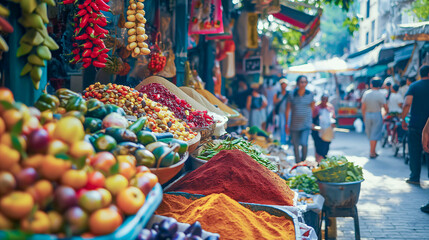 Bustling Street Market with Colorful Stalls and Exotic Spices