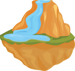 Cartoon illustration of a waterfall flowing from a cliff on a floating island
