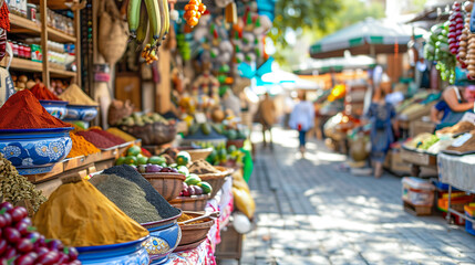 Sensory-Rich Street Market with Spices and Crafts