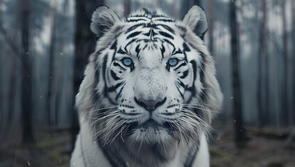 Naklejka premium Majestic white tiger with piercing blue eyes stands in a misty forest, epitomizing raw power and beauty in the wild.