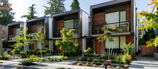 Modern townhouses surrounded by trees and greenery, with a contemporary architectural design and large windows for natural light.