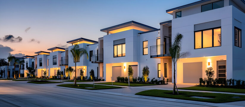 Modern luxury homes at dusk. Illuminated windows showcase elegant interiors. A tranquil suburban neighborhood setting with palm trees.