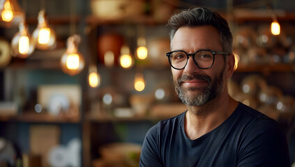 Obraz premium Portrait of a bearded man wearing glasses, smiling confidently in a cozy workshop with warm lighting and decor.