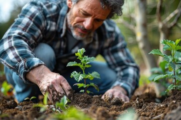 Fototapeta premium An experienced gardener wearing a plaid shirt is carefully planting a young seedling into the soil, symbolizing nurturing growth, nature's renewal, and environmental care.