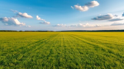Fototapeta premium Vast green field under a bright blue sky with scattered white clouds, showcasing nature's beauty and tranquility on a sunny day.
