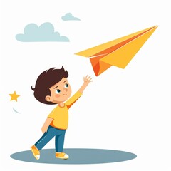 A happy boy launches a yellow paper airplane into the sky.  He smiles as it soars.