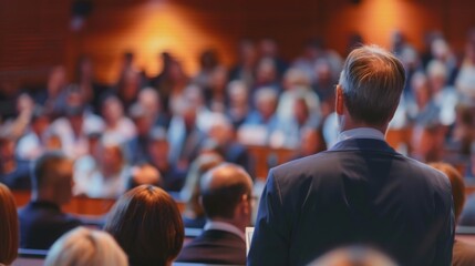 A large crowd gathers for a conference, listening to a speaker. The audience is engaged and attentive, with many looking towards the stage.