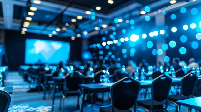 A large conference hall with blue lights and a screen at the front. There are chairs set up for the audience.