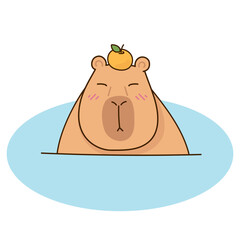 Sticker relax capybara in the water with an orange on his head
