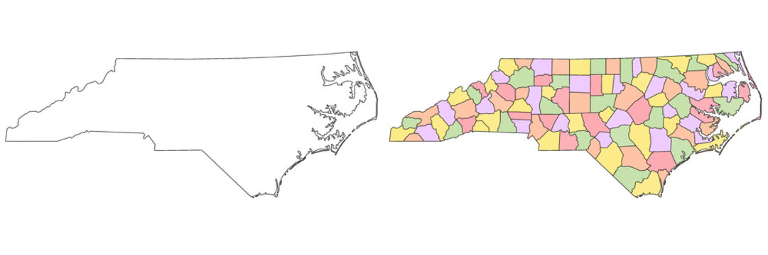 North Carolina administrative map, North Carolina outline and counties state map set - illustration version