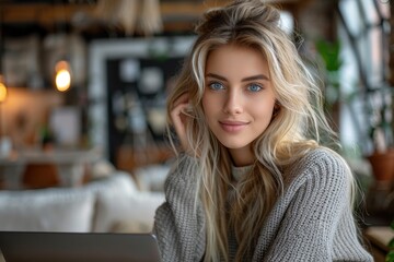 Fototapeta premium A young woman with long blonde hair and a cozy sweater working on her laptop in a stylish, modern cafe with a warm ambiance.