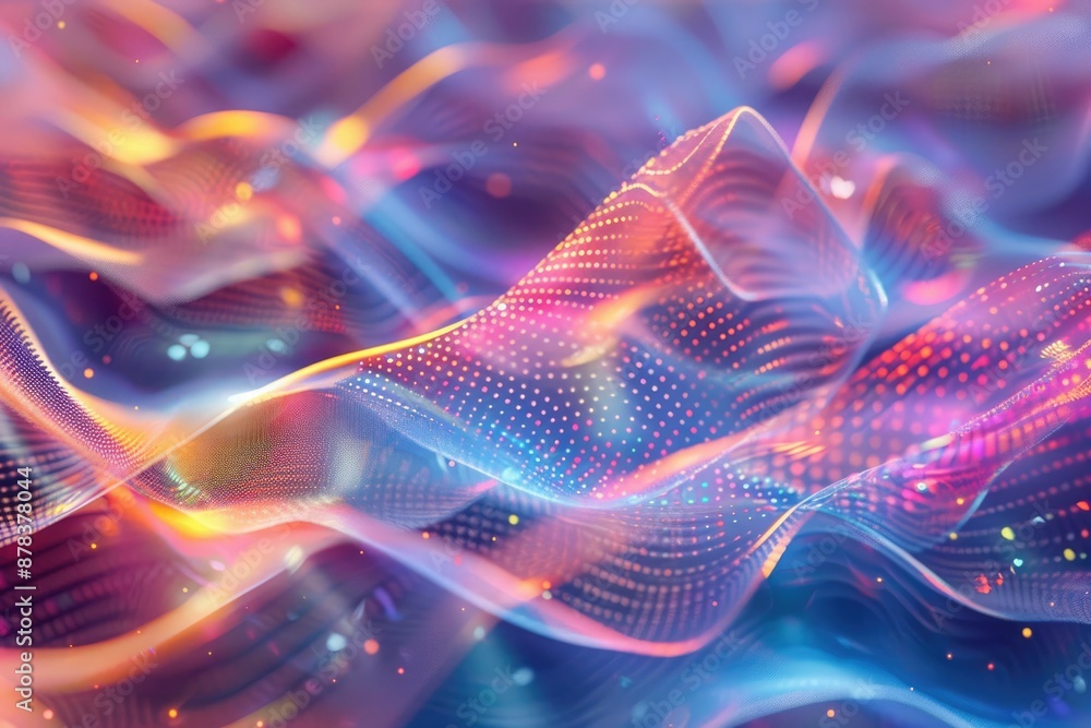 Poster vibrant abstract background with swirling holographic colors and textures, creating a mesmerizing ar