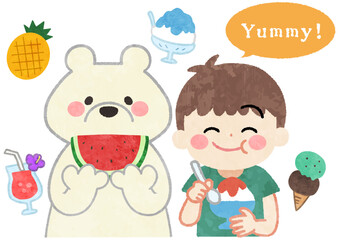 笑顔でスイカ・かき氷を食べる子供と白くまのイラスト